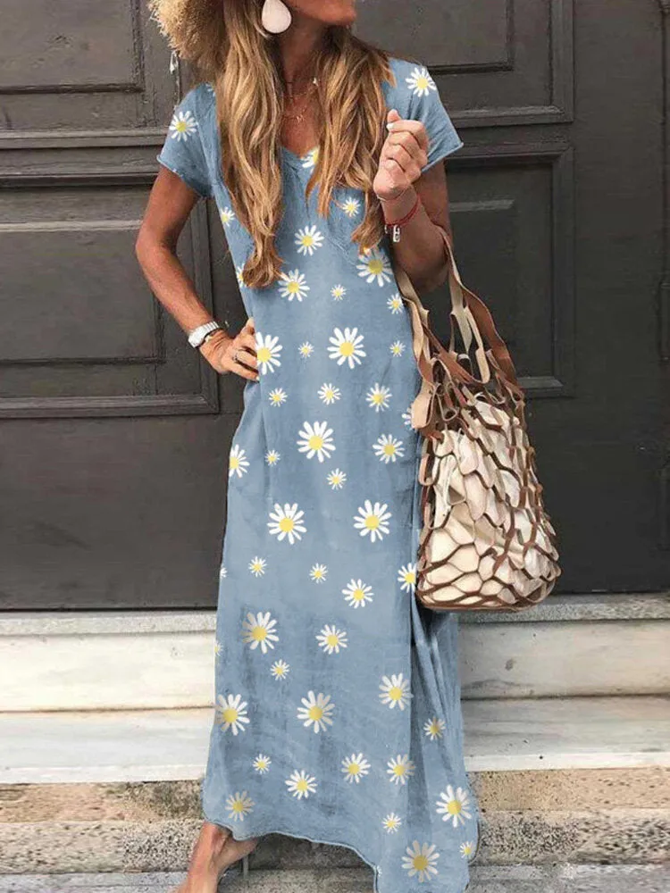Daisy Print V-neck Short Sleeve Casual Loose Women Maxi Dress