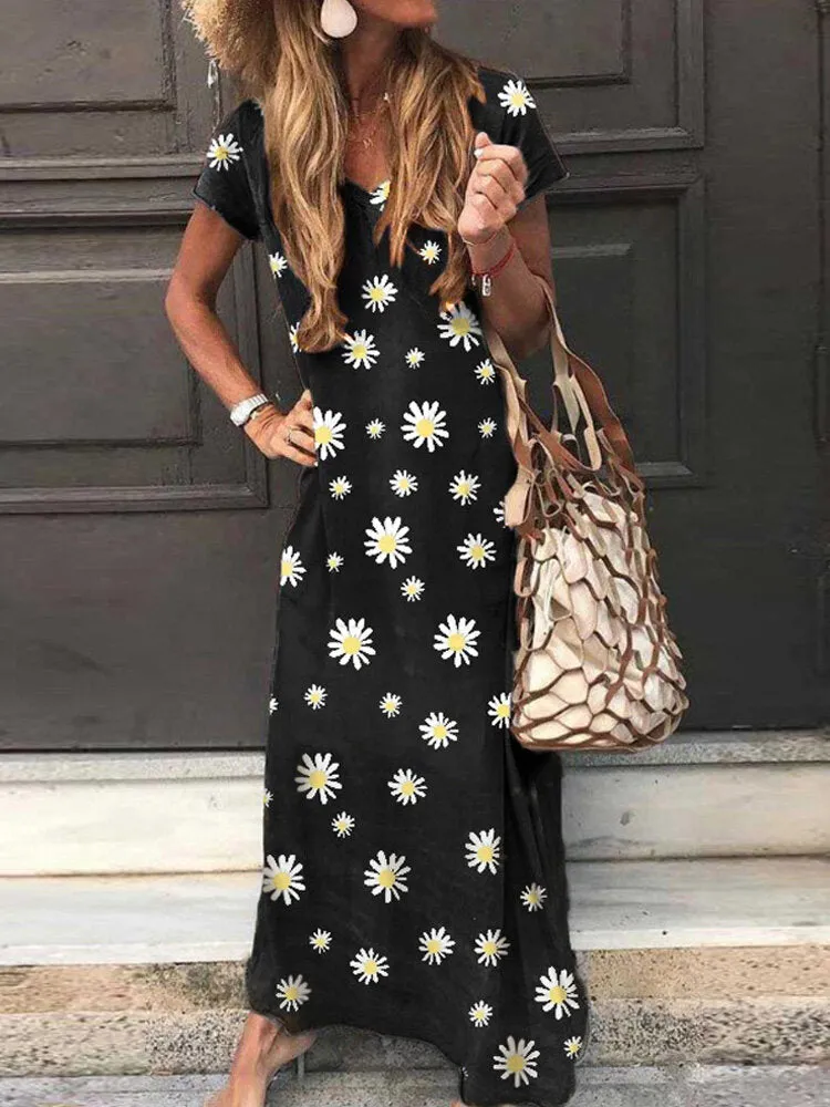 Daisy Print V-neck Short Sleeve Casual Loose Women Maxi Dress