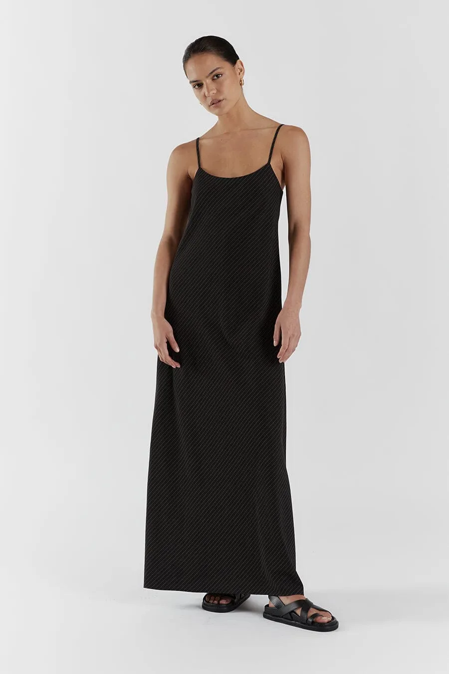 DIEGO BLACK PINSTRIPE MAXI DRESS