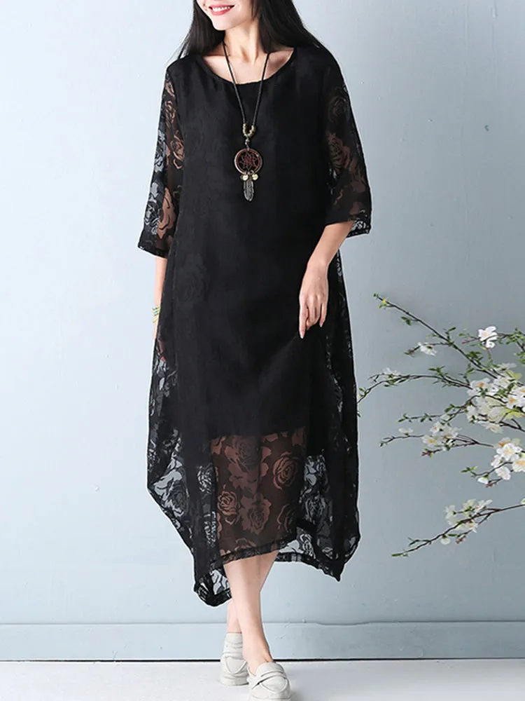 Elegant Women O-Necklace Crochet 3/4 Sleeve Pure Color Midi Dress