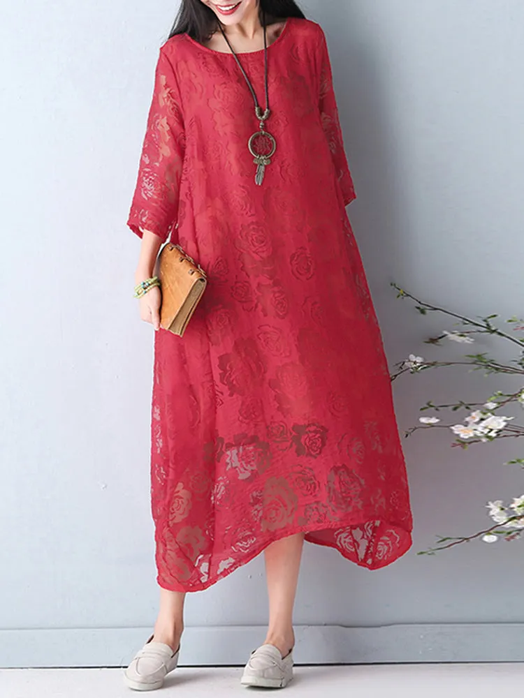 Elegant Women O-Necklace Crochet 3/4 Sleeve Pure Color Midi Dress