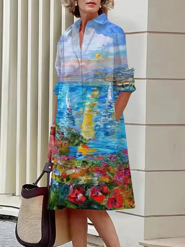 Elegant Women's Floral Pattern Shirt Dress