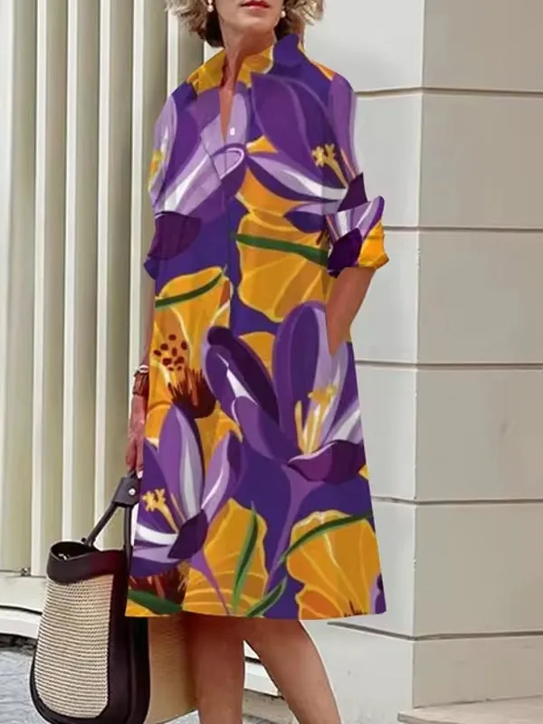 Elegant Women's Floral Pattern Shirt Dress