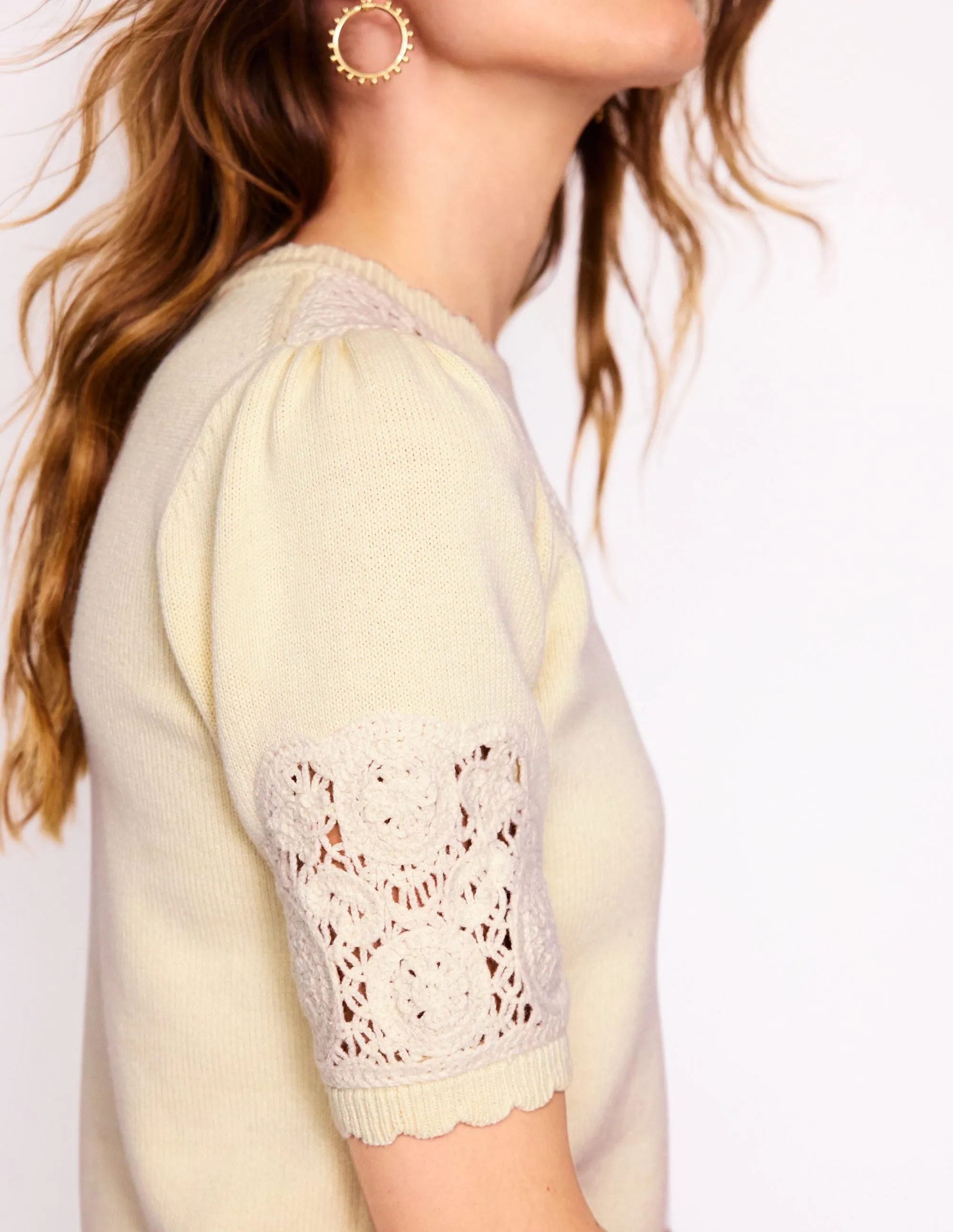 Embroidered Yoke Knitted Tee-Warm Ivory