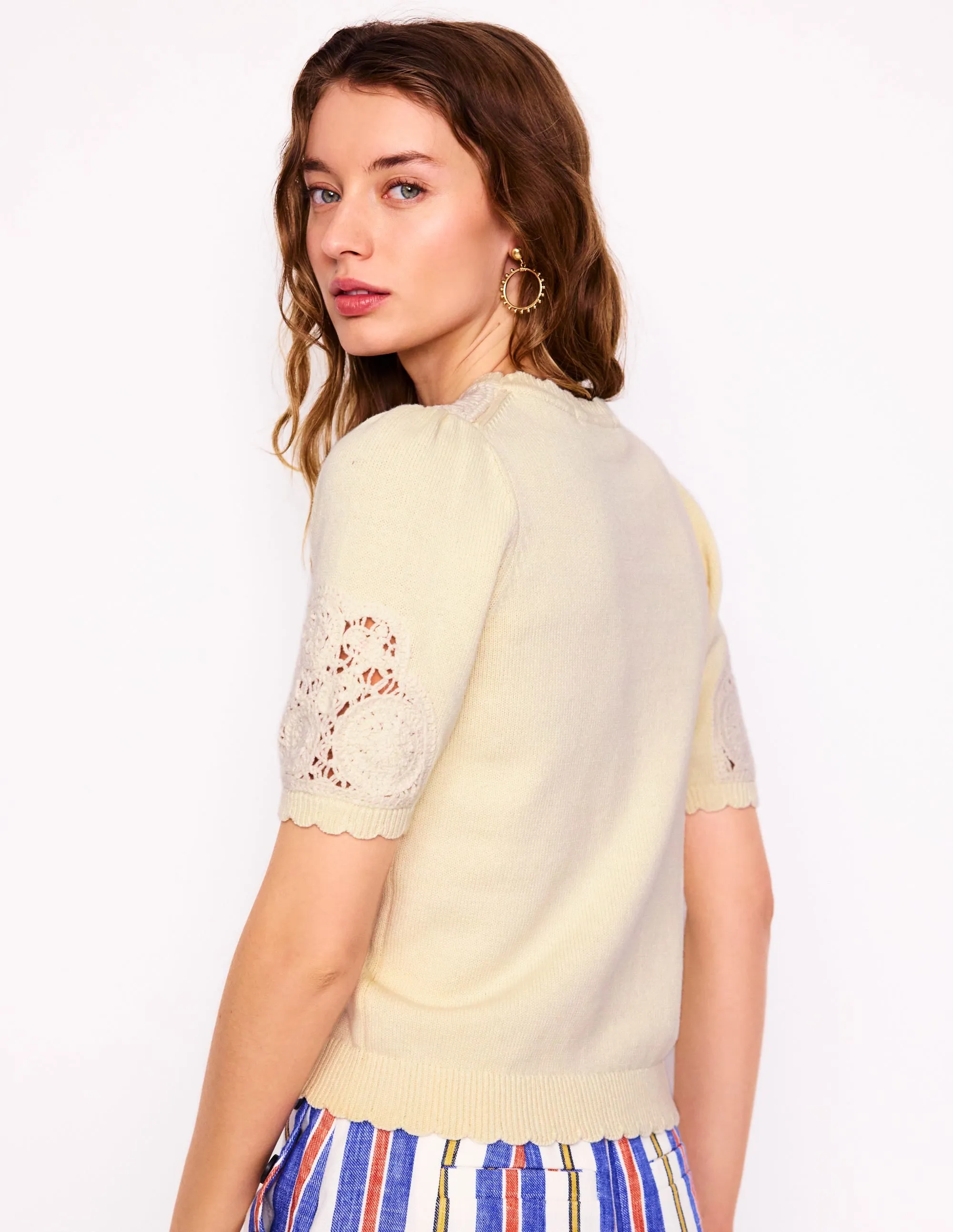Embroidered Yoke Knitted Tee-Warm Ivory