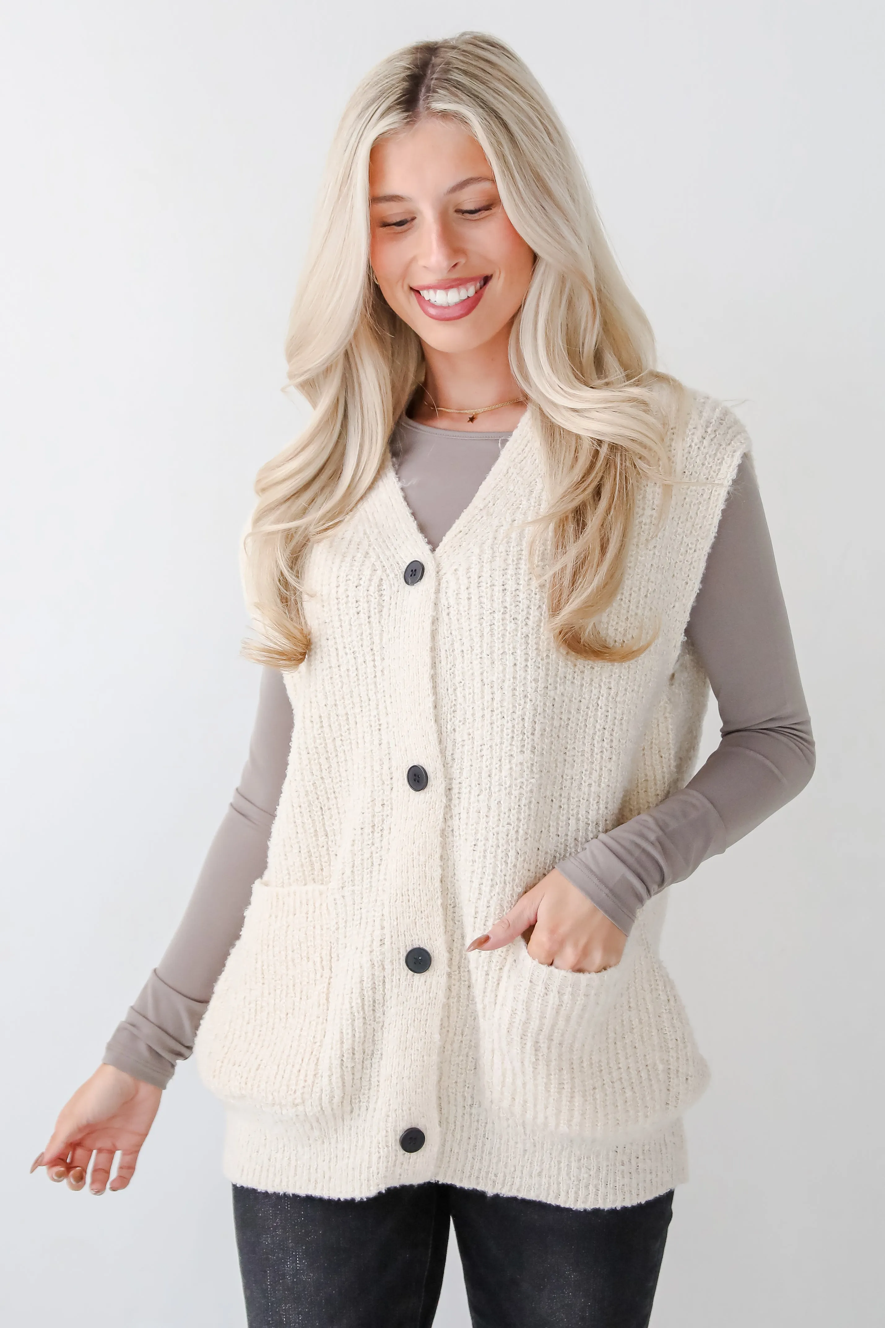 FINAL SALE - Cuddly Perfection Oatmeal Fuzzy Knit Sweater Vest