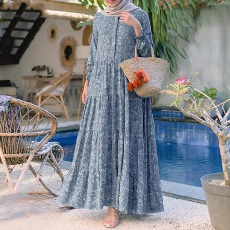 Floral Print O-neck Casual Holiday Bohemian Long Sleeve Tiered Women Maxi Dress