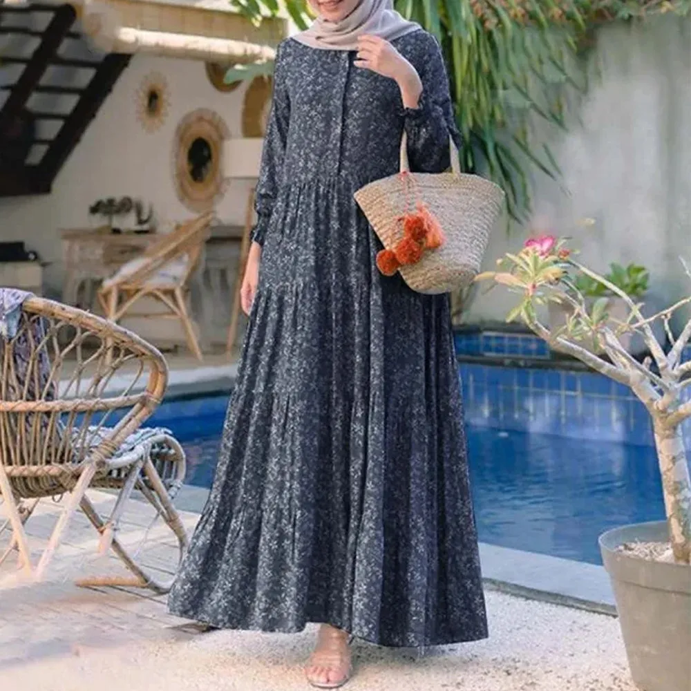 Floral Print O-neck Casual Holiday Bohemian Long Sleeve Tiered Women Maxi Dress