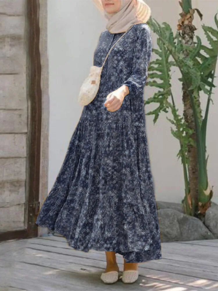 Floral Print O-neck Casual Holiday Bohemian Long Sleeve Tiered Women Maxi Dress