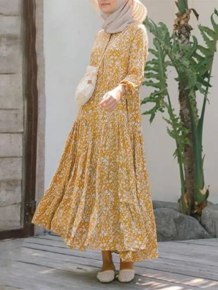 Floral Print O-neck Casual Holiday Bohemian Long Sleeve Tiered Women Maxi Dress