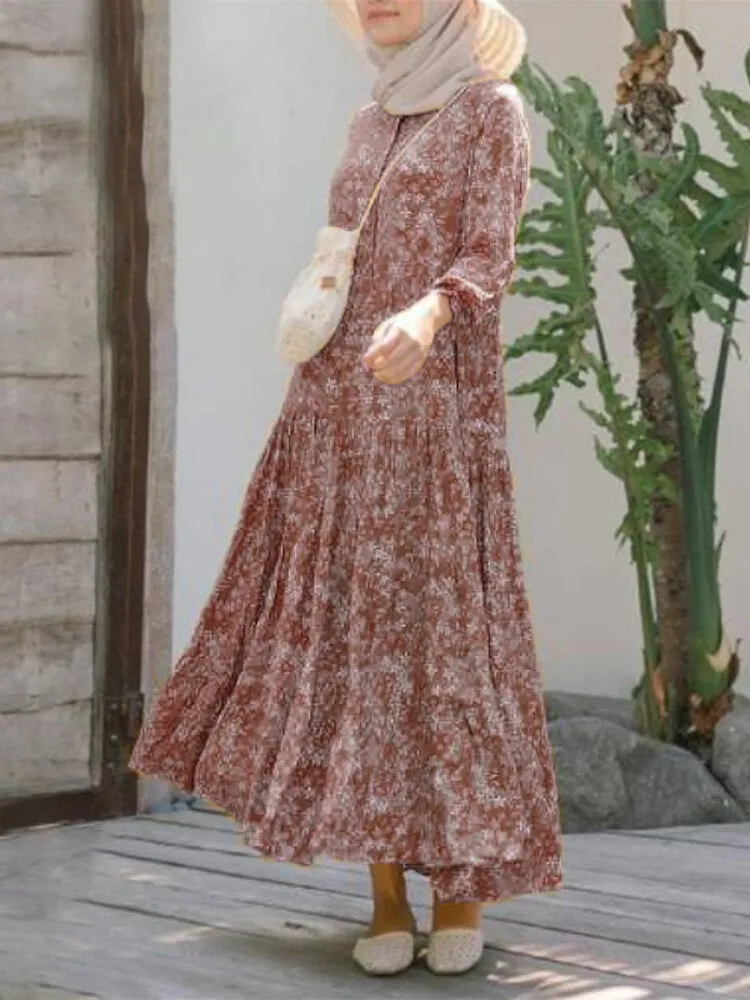 Floral Print O-neck Casual Holiday Bohemian Long Sleeve Tiered Women Maxi Dress