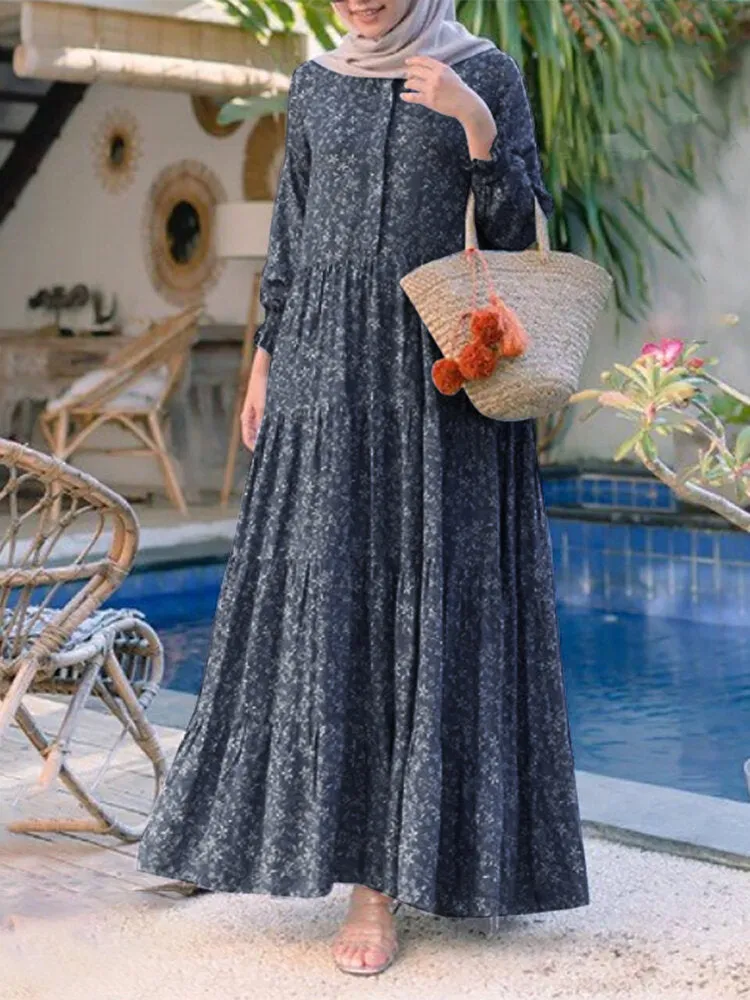 Floral Print O-neck Casual Holiday Bohemian Long Sleeve Tiered Women Maxi Dress