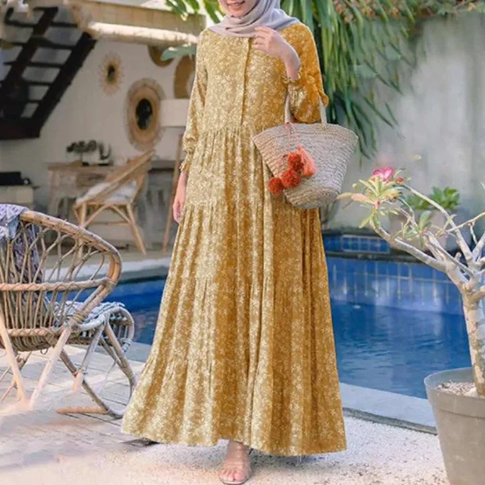 Floral Print O-neck Casual Holiday Bohemian Long Sleeve Tiered Women Maxi Dress