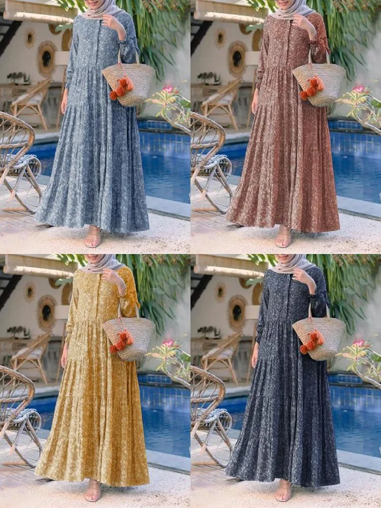 Floral Print O-neck Casual Holiday Bohemian Long Sleeve Tiered Women Maxi Dress