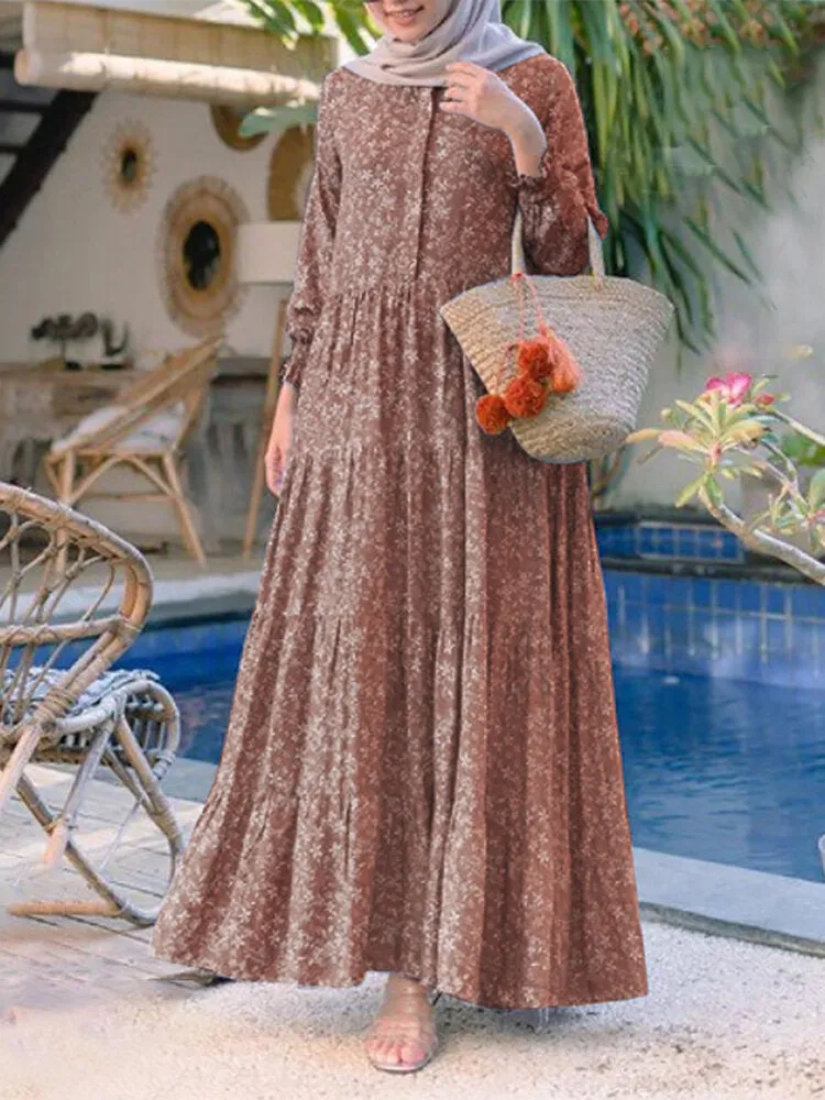 Floral Print O-neck Casual Holiday Bohemian Long Sleeve Tiered Women Maxi Dress
