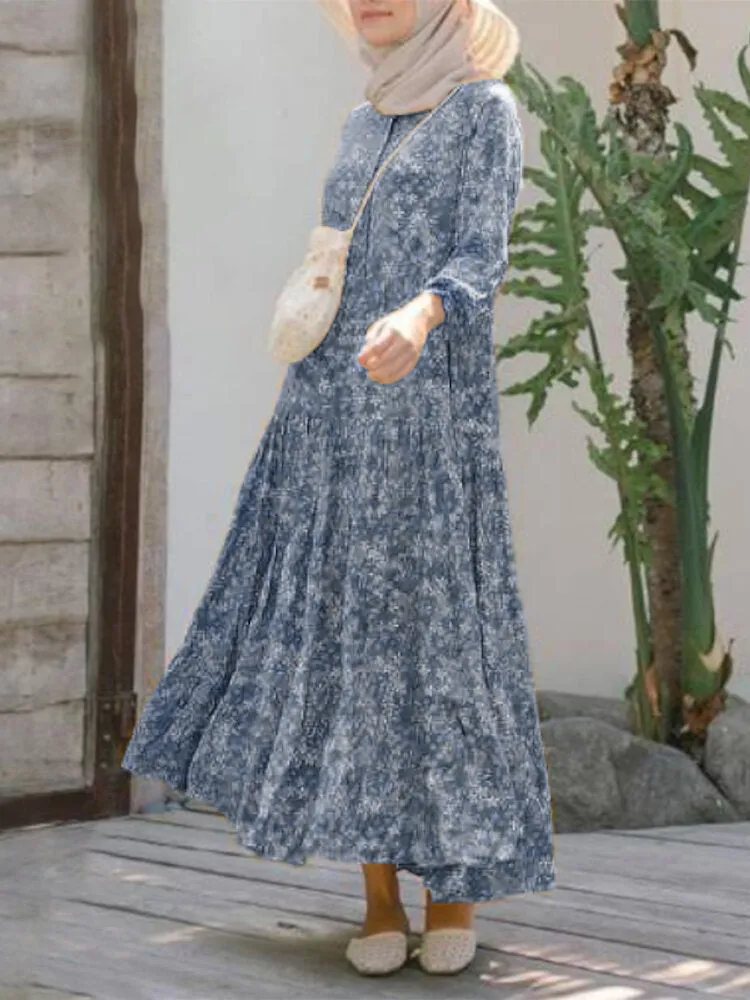 Floral Print O-neck Casual Holiday Bohemian Long Sleeve Tiered Women Maxi Dress