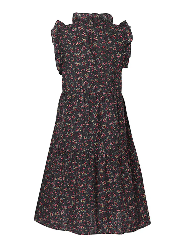 Floral Print Ruffles Trim Stand Collar Sleeveless Vintage Women Midi Dress
