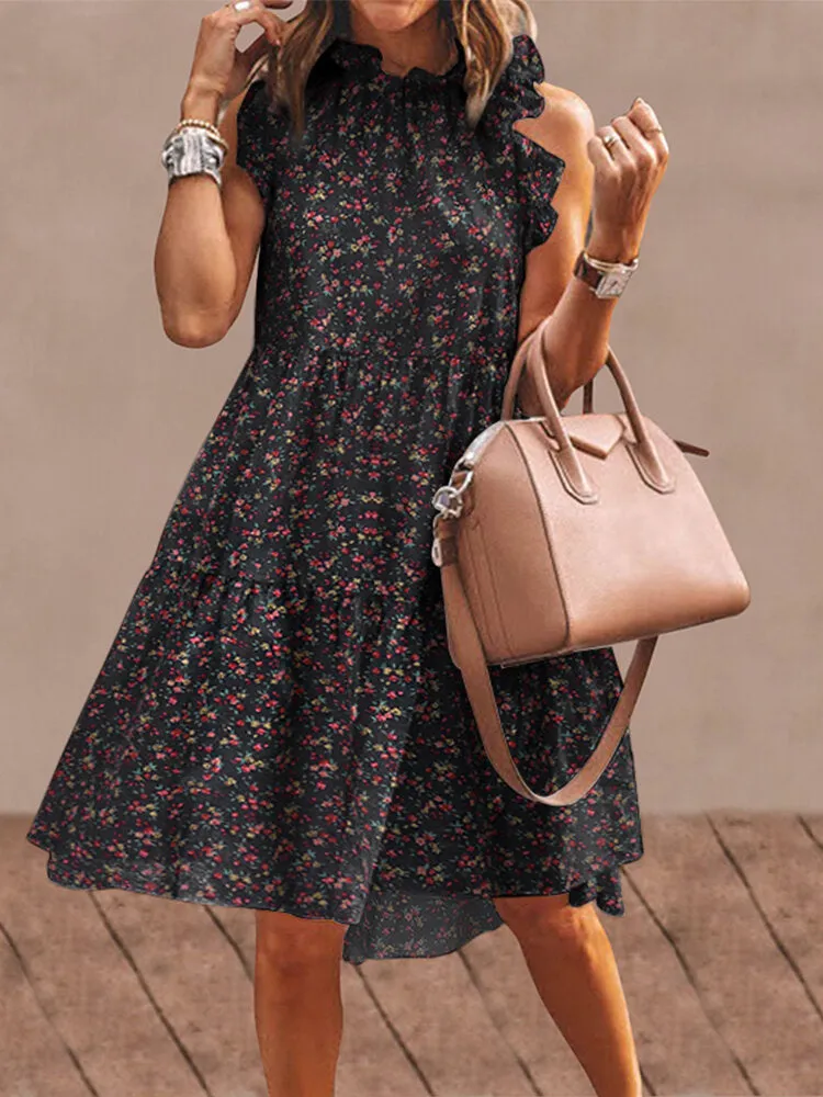 Floral Print Ruffles Trim Stand Collar Sleeveless Vintage Women Midi Dress