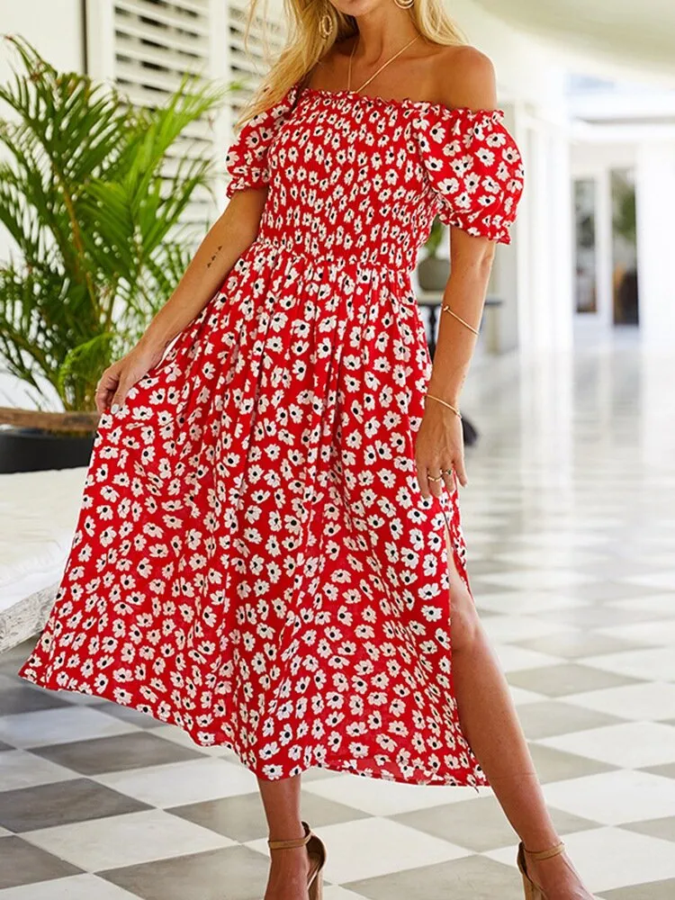 Floral Print Short Sleeve Slit Hem Women Midi Dress