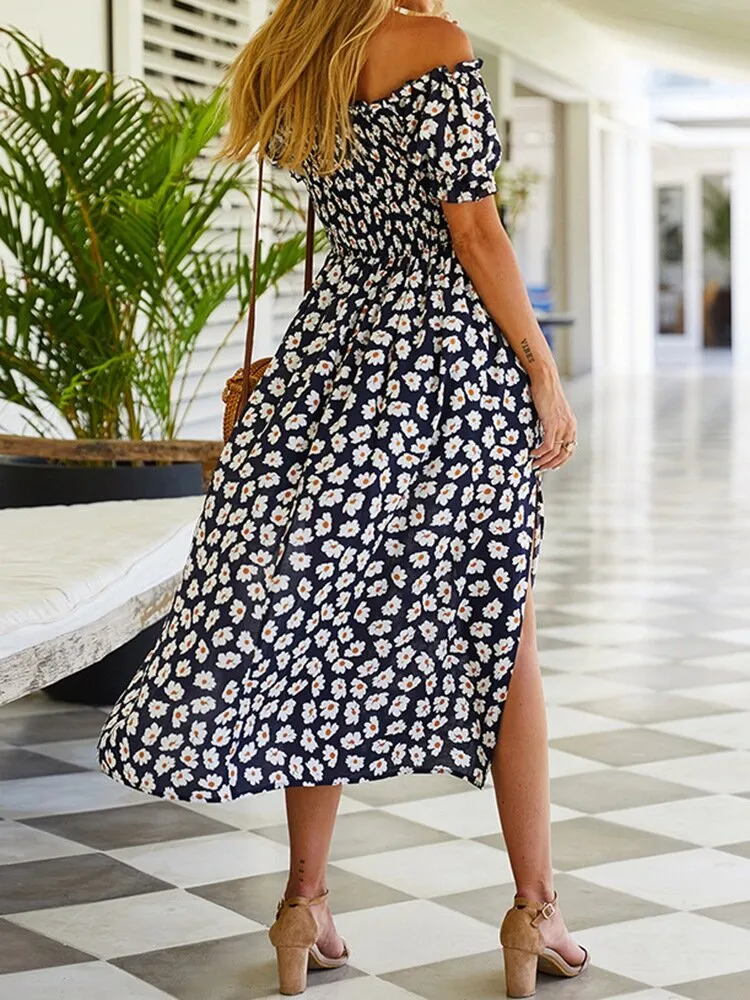Floral Print Short Sleeve Slit Hem Women Midi Dress