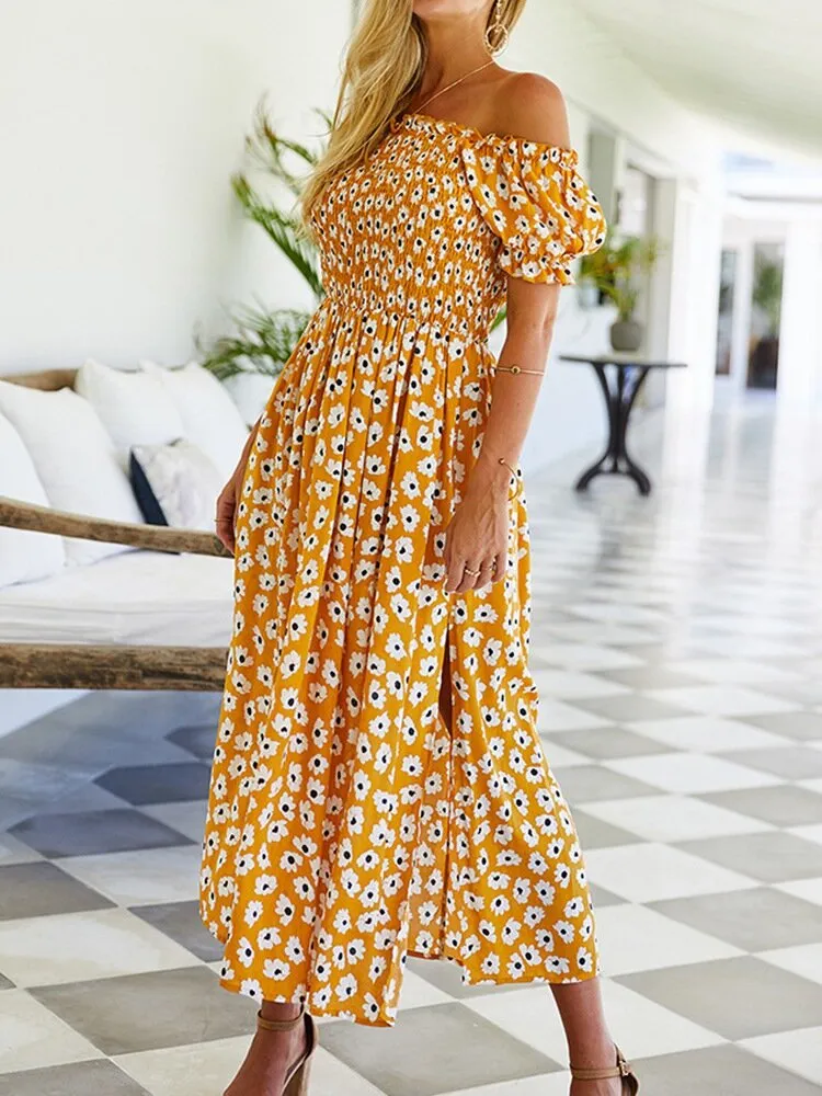 Floral Print Short Sleeve Slit Hem Women Midi Dress