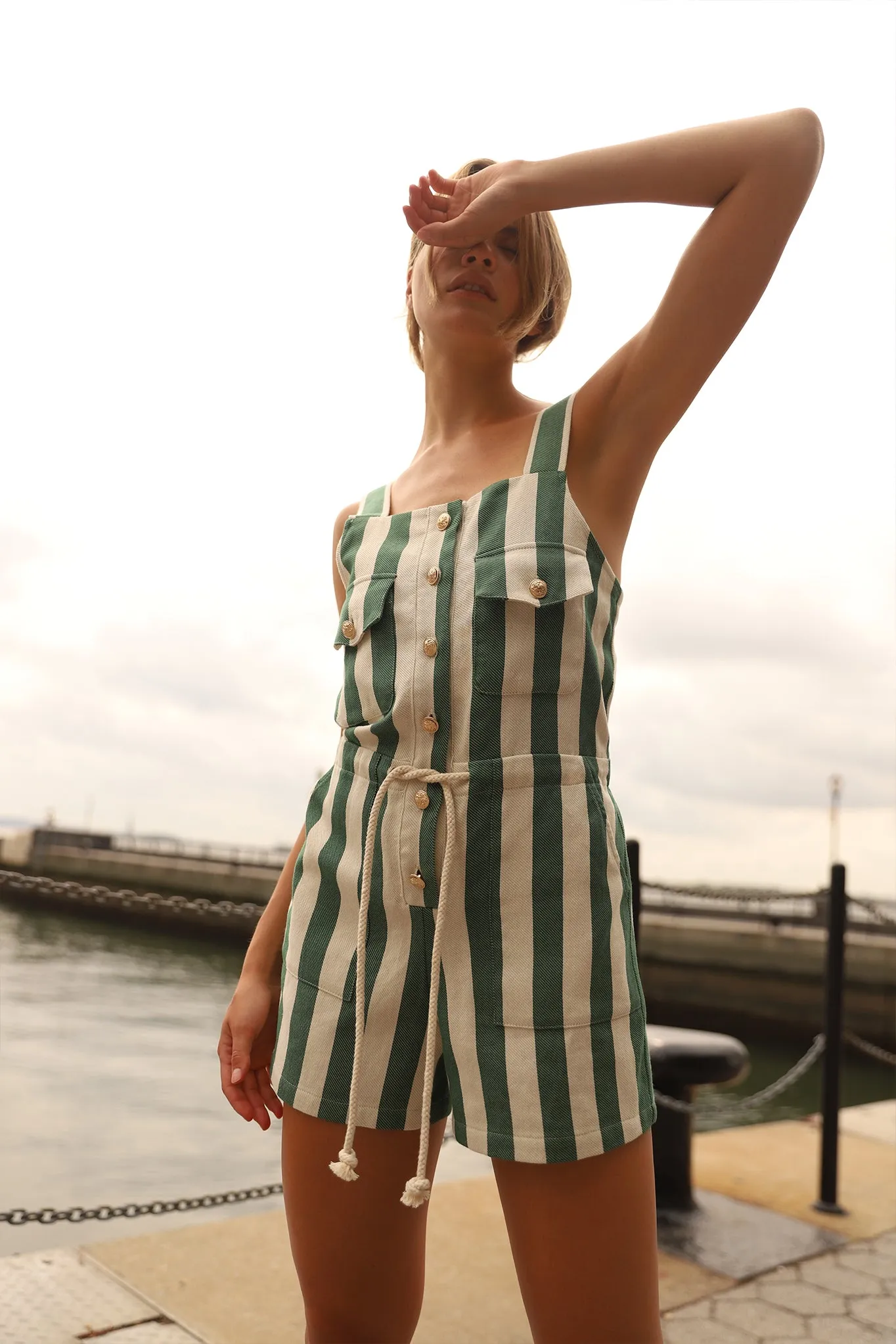 Franca Striped Cotton Romper - Green Stripe