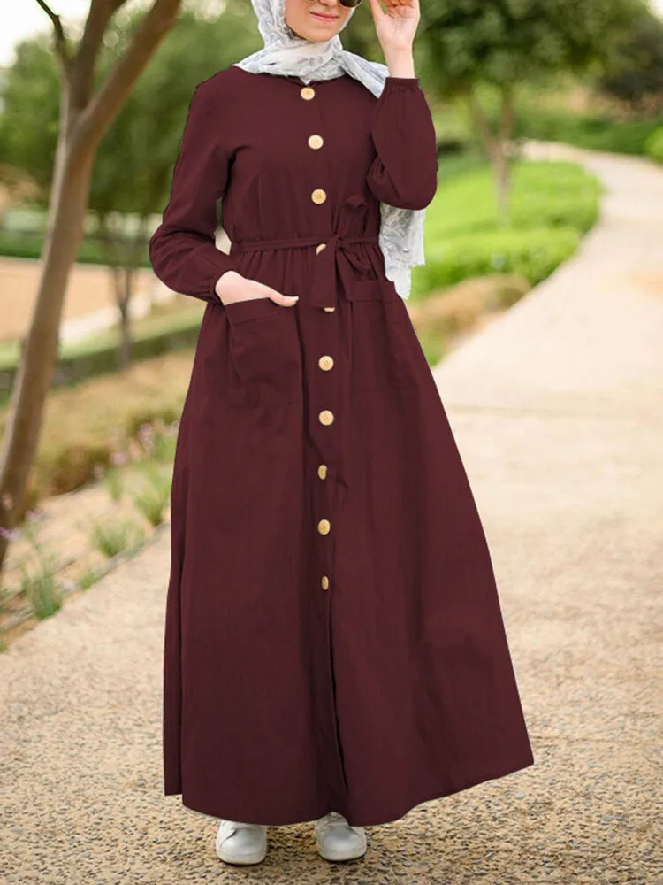 Front Pockets Lace-up Mid-calf Kaftan Length Women Maxi Dress