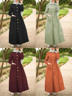 Front Pockets Lace-up Mid-calf Kaftan Length Women Maxi Dress