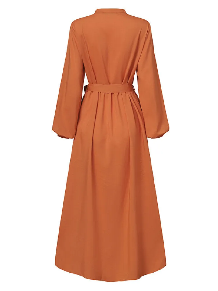 Front Pockets Lace-up Mid-calf Kaftan Length Women Maxi Dress