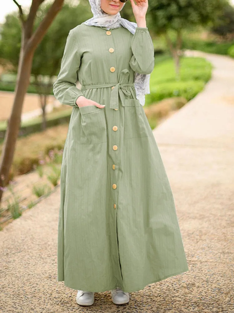 Front Pockets Lace-up Mid-calf Kaftan Length Women Maxi Dress