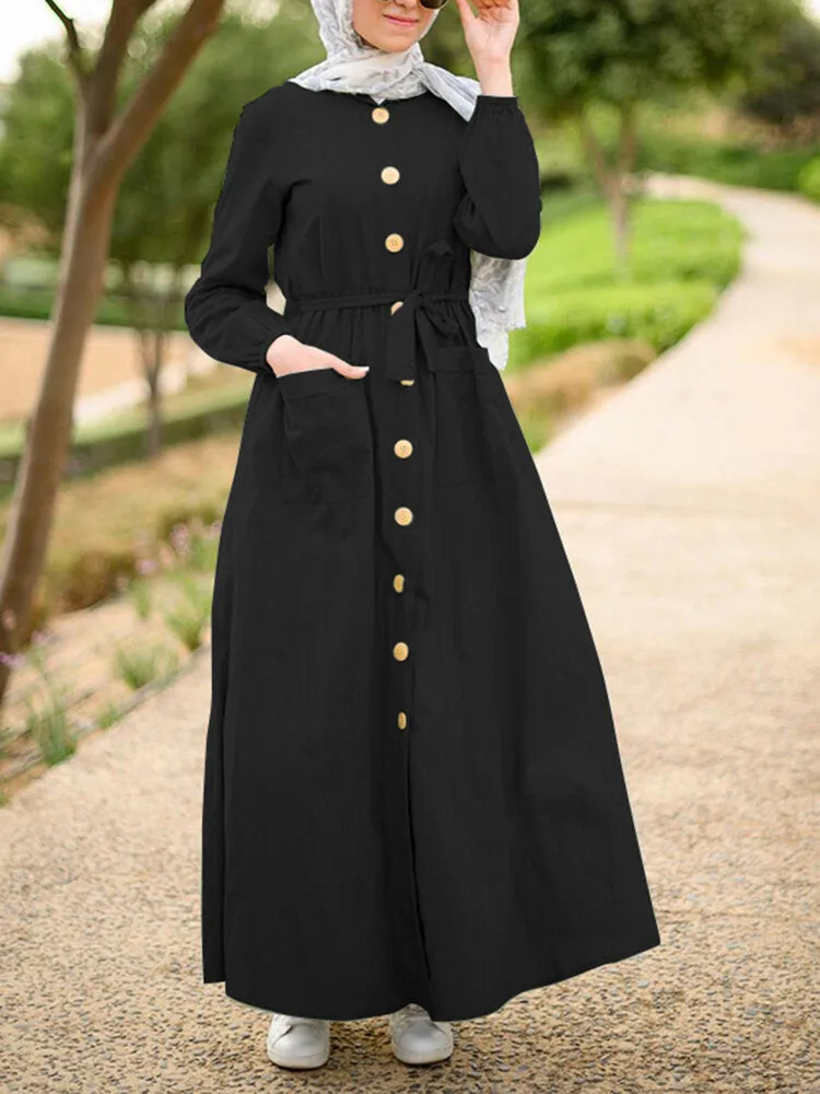 Front Pockets Lace-up Mid-calf Kaftan Length Women Maxi Dress