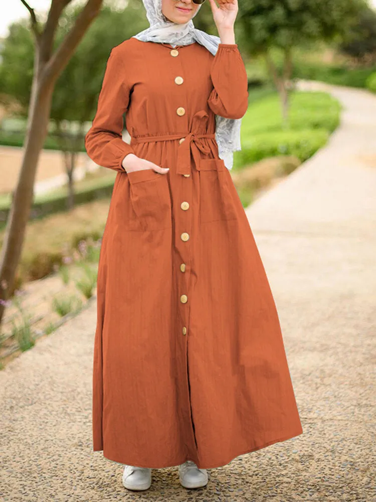 Front Pockets Lace-up Mid-calf Kaftan Length Women Maxi Dress