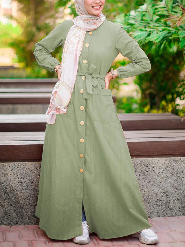 Front Pockets Lace-up Mid-calf Kaftan Length Women Maxi Dress