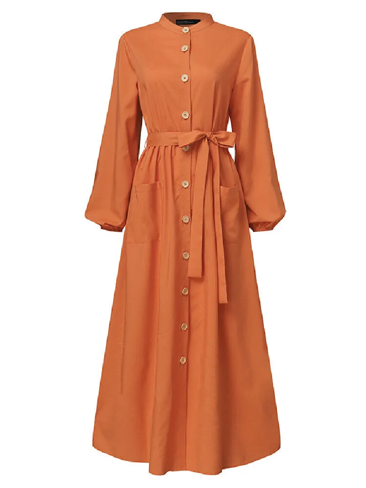 Front Pockets Lace-up Mid-calf Kaftan Length Women Maxi Dress