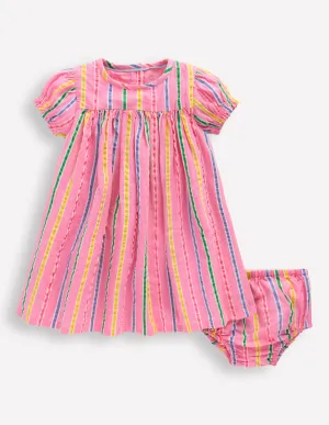 Gathered Woven Dress-Neon Pink Multi Stripe