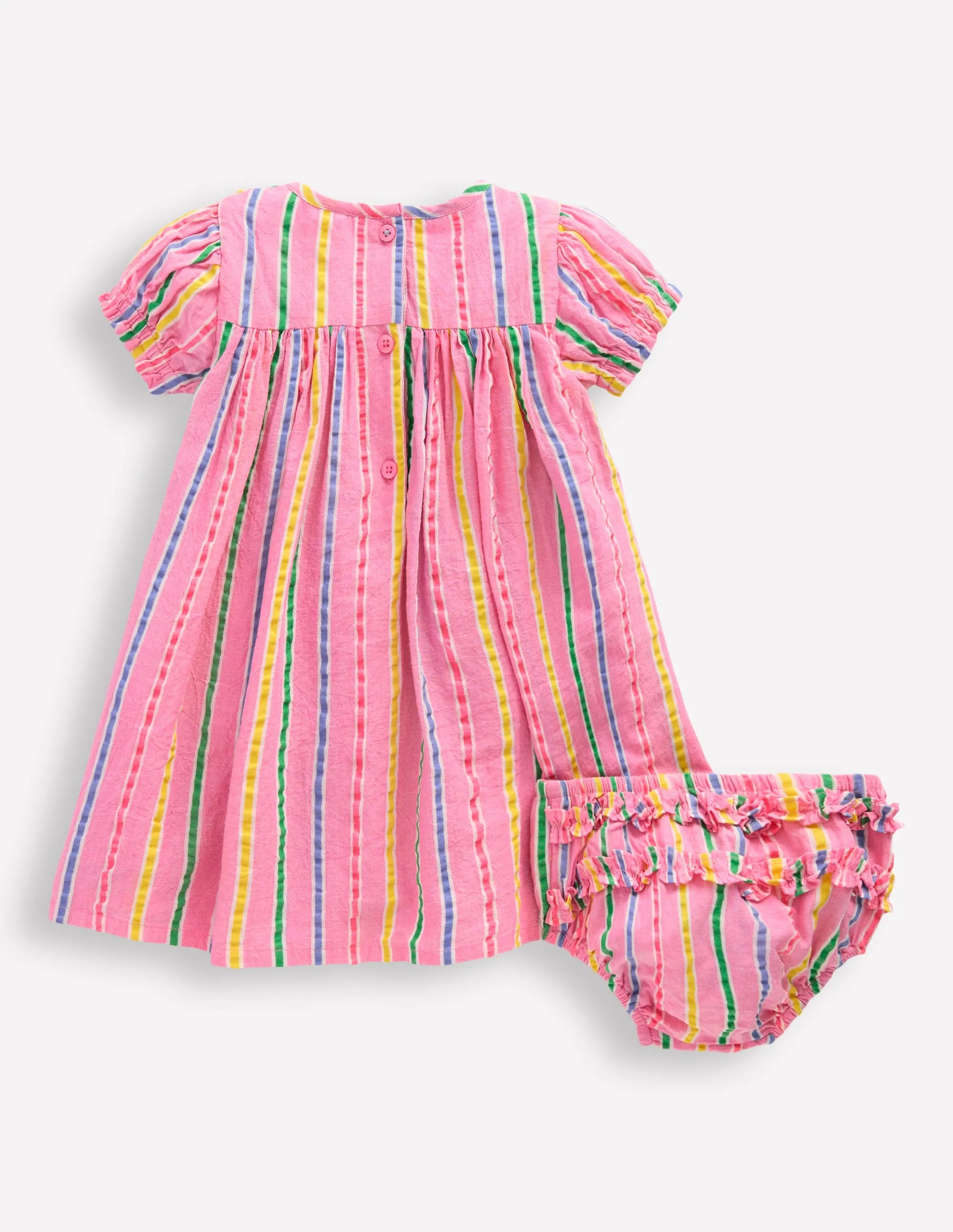Gathered Woven Dress-Neon Pink Multi Stripe