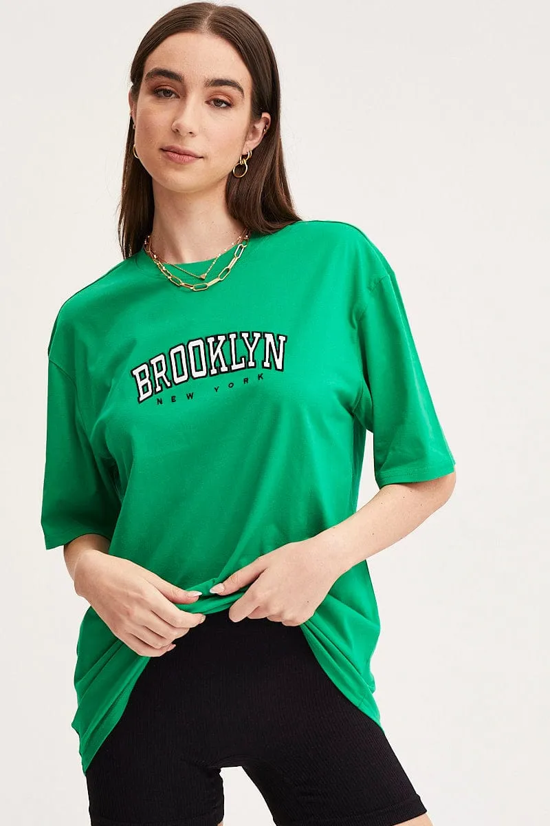 Green Graphic T Shirt Short Sleeve Embroided