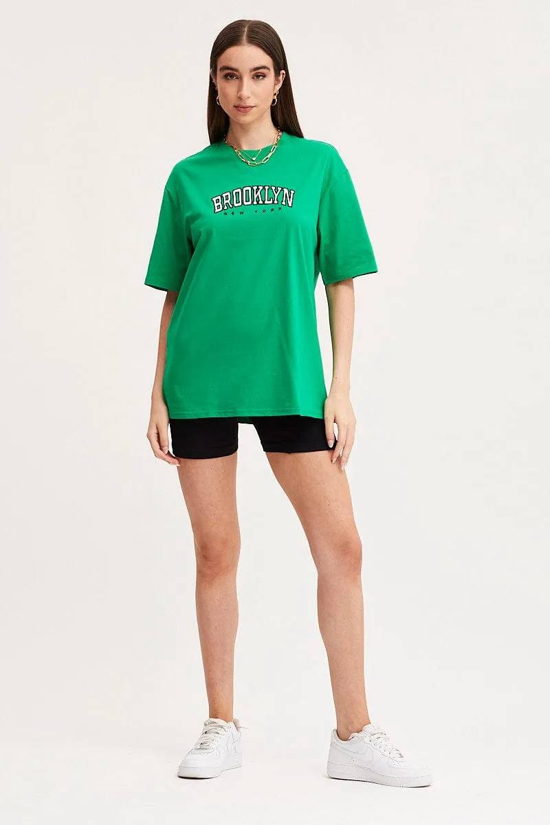 Green Graphic T Shirt Short Sleeve Embroided