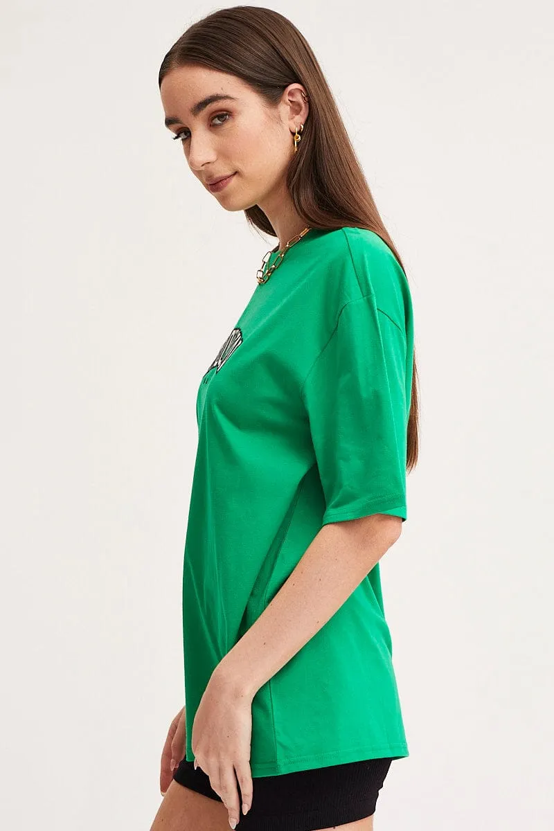 Green Graphic T Shirt Short Sleeve Embroided