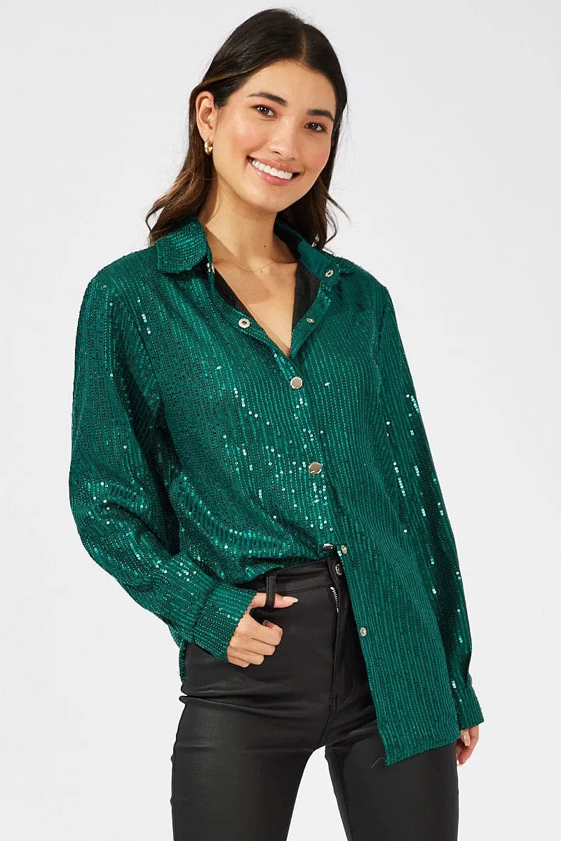 Green Shacket Long Sleeve Sequins
