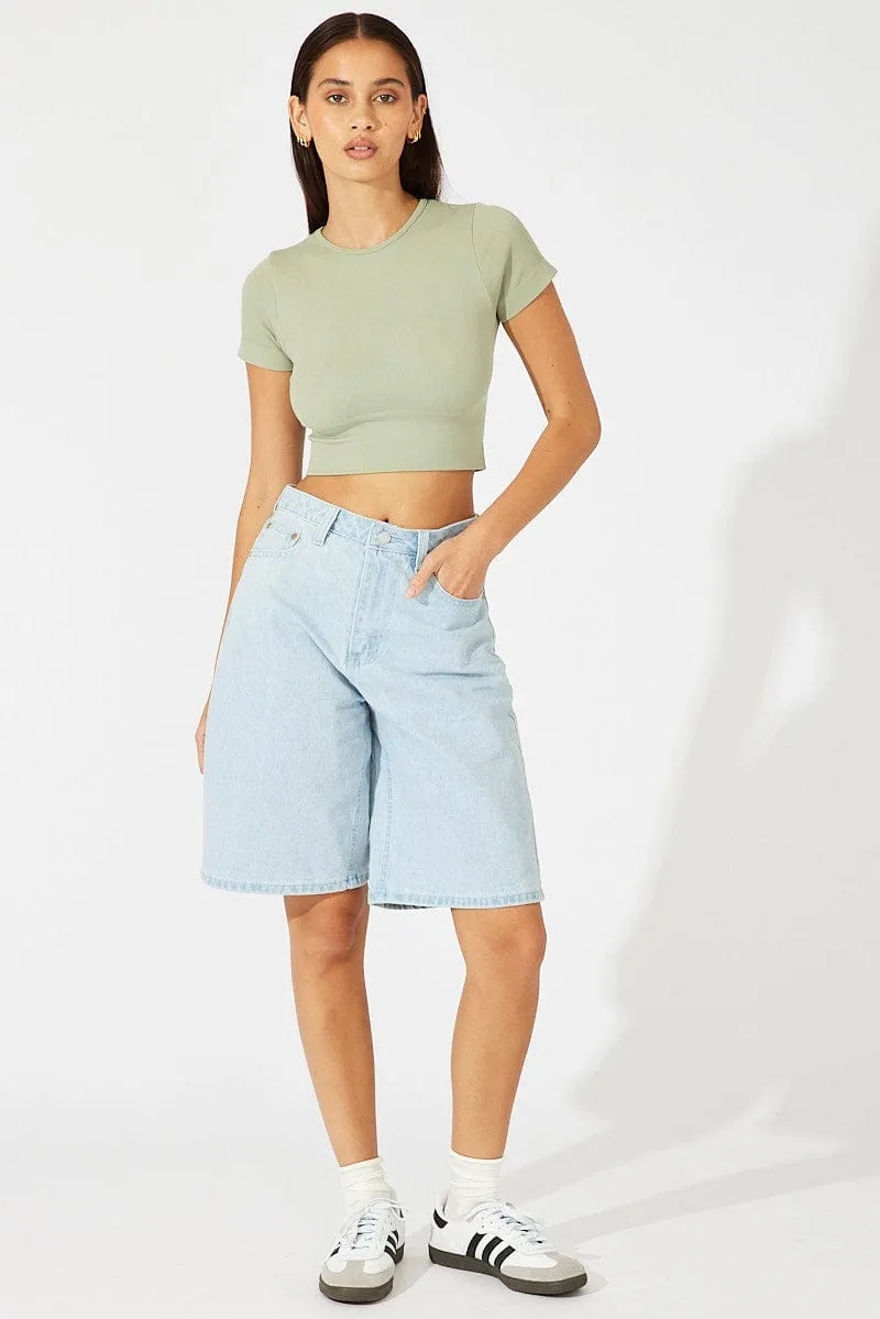 Green T Shirt Short Sleeve Crew Neck Seamless