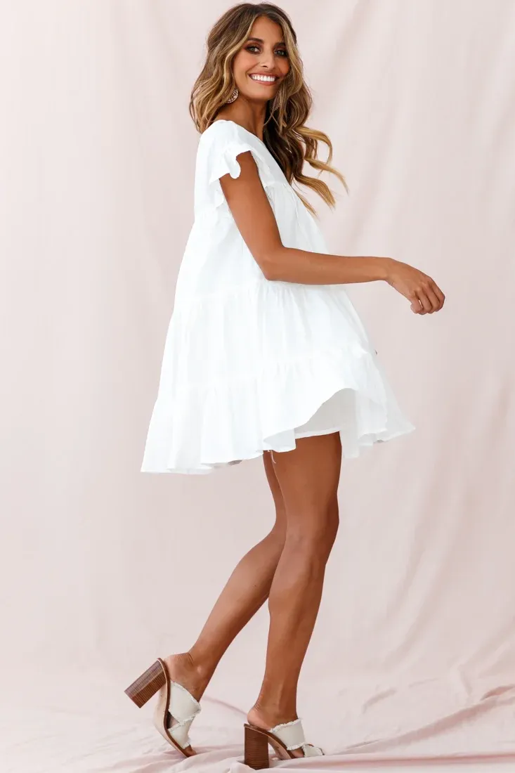 Hyacinth Ruffle Sleeve Smock Dress White