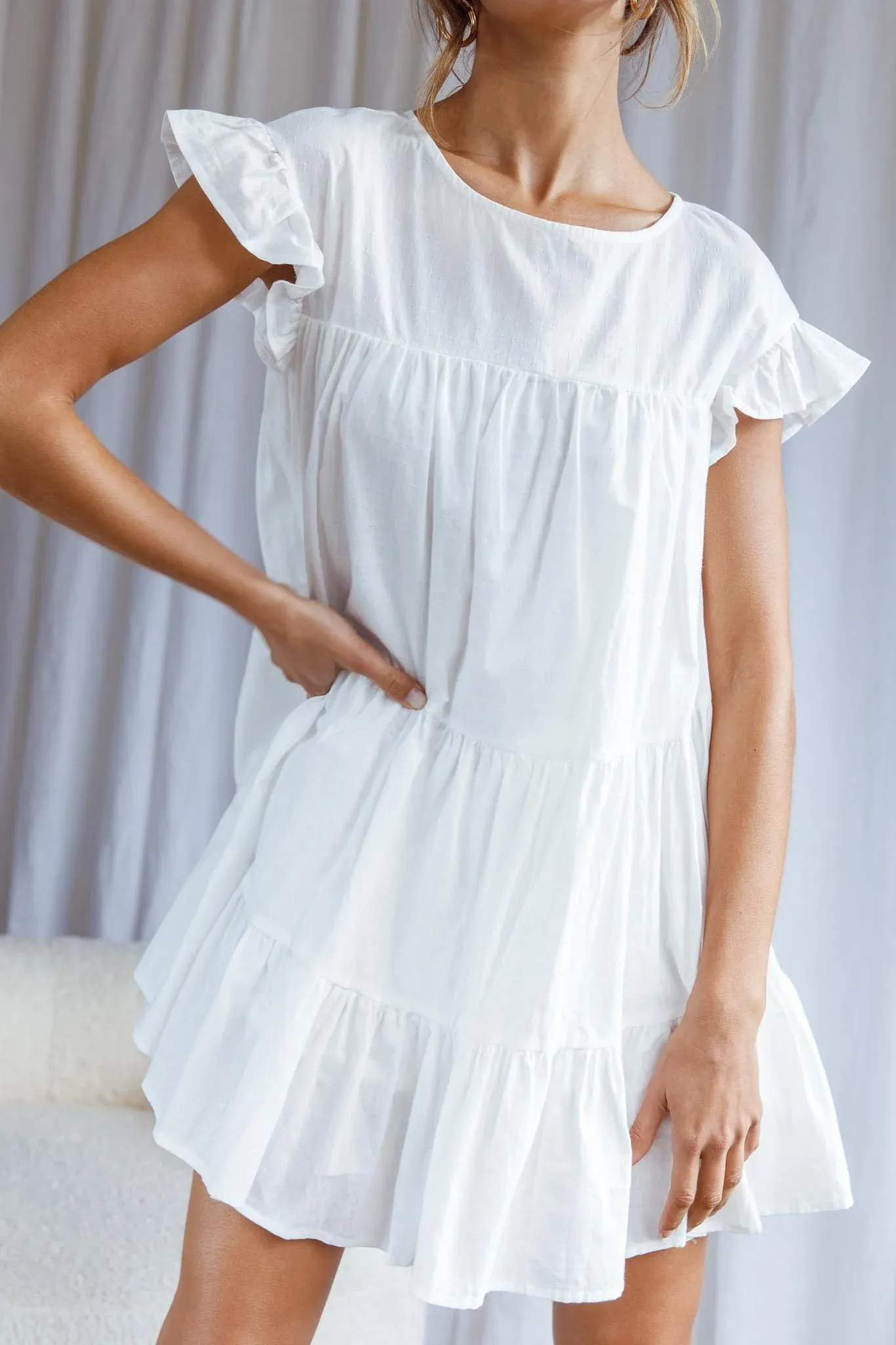 Hyacinth Ruffle Sleeve Smock Dress White