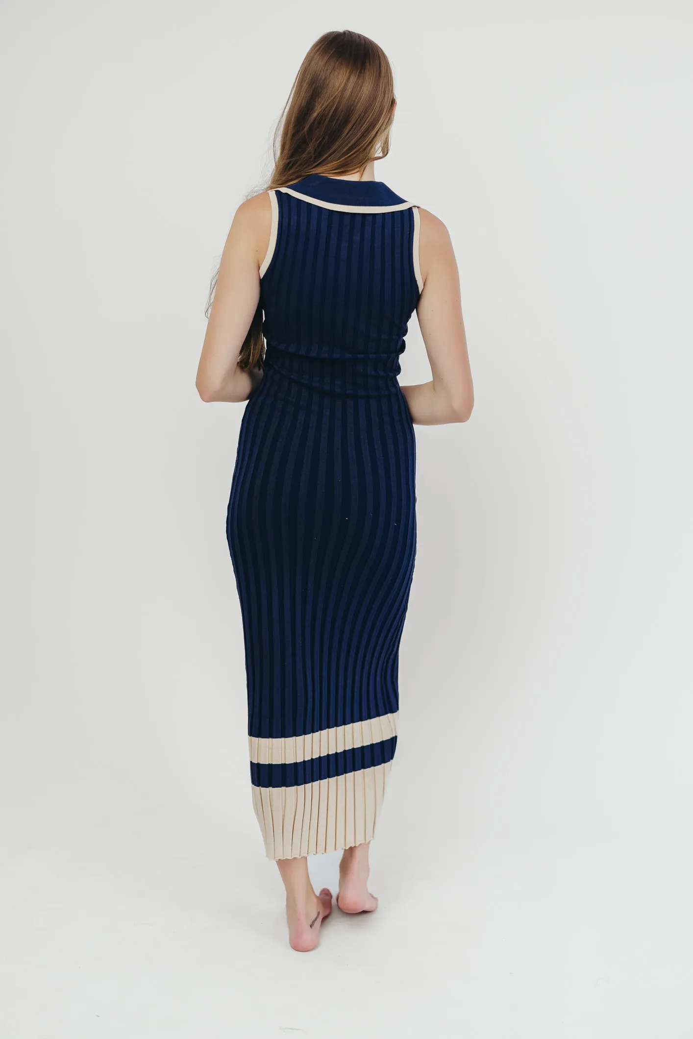 Jovie Sleeveless Ribbed Maxi Dress with Buttons in Navy
