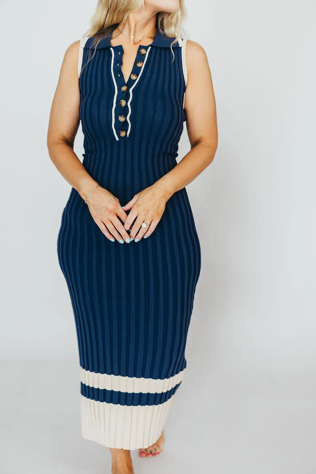 Jovie Sleeveless Ribbed Maxi Dress with Buttons in Navy