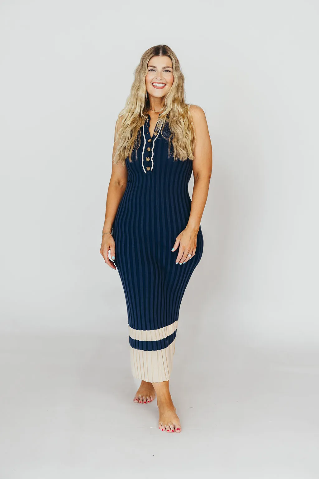Jovie Sleeveless Ribbed Maxi Dress with Buttons in Navy