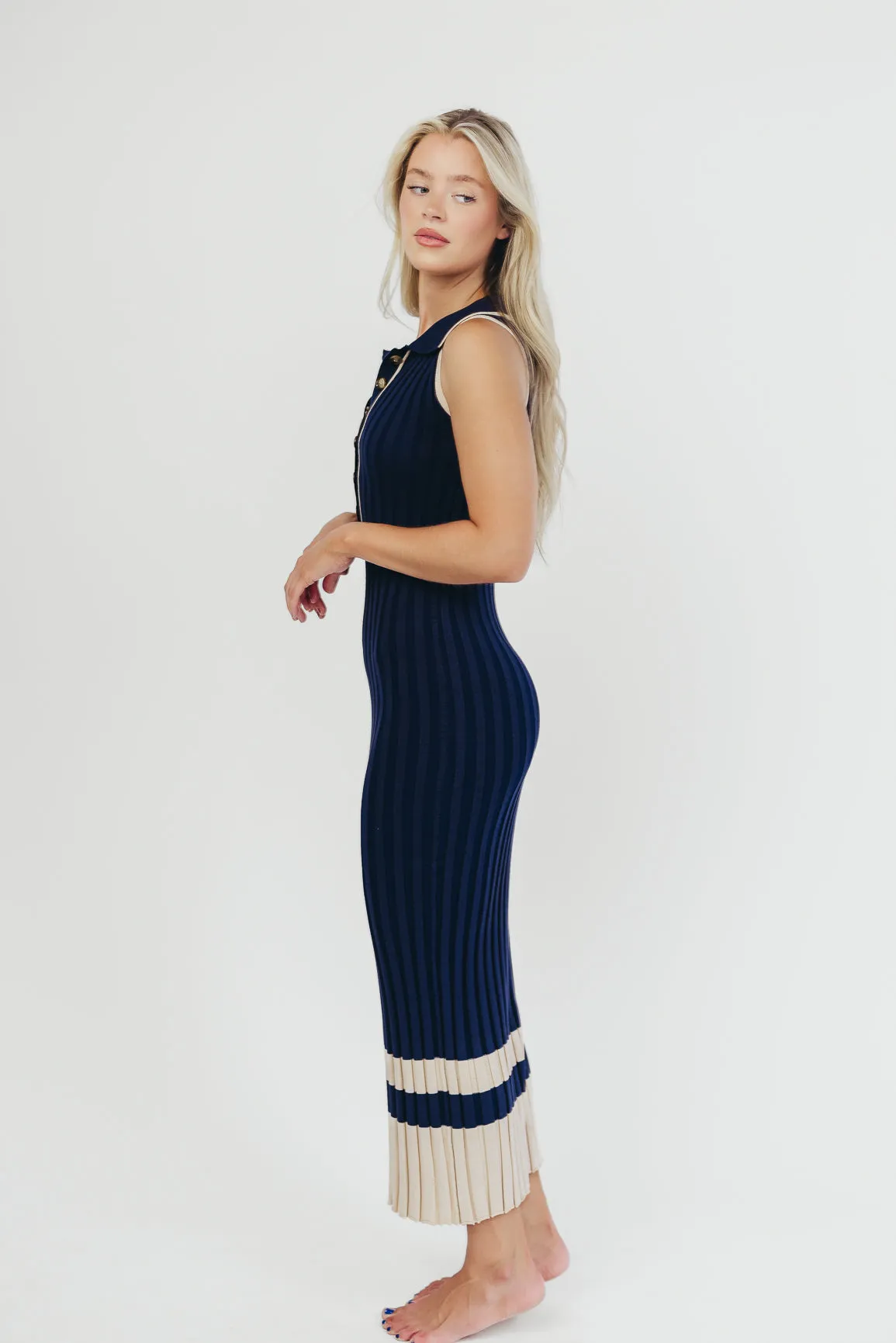 Jovie Sleeveless Ribbed Maxi Dress with Buttons in Navy