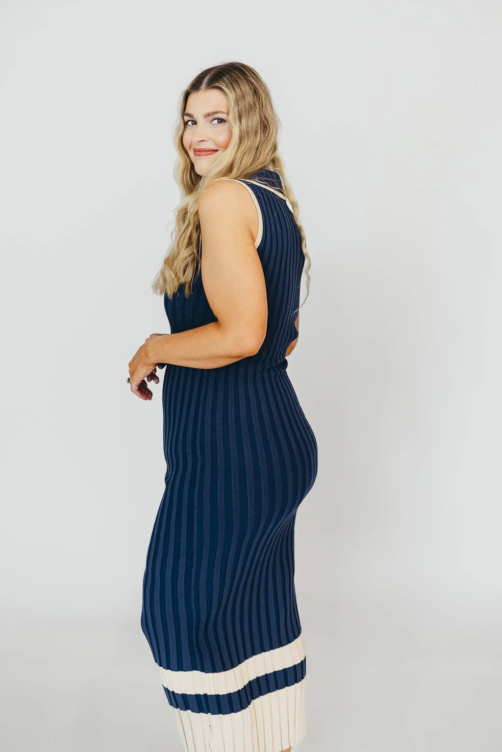 Jovie Sleeveless Ribbed Maxi Dress with Buttons in Navy