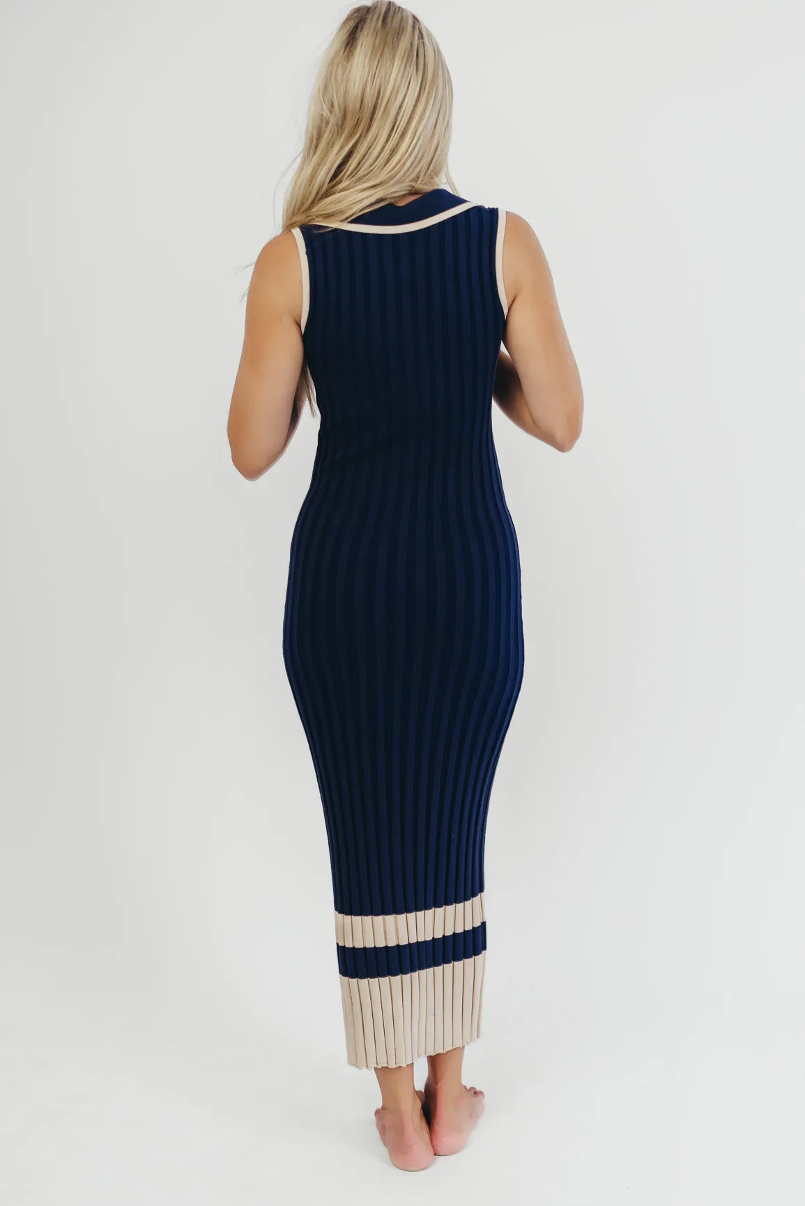 Jovie Sleeveless Ribbed Maxi Dress with Buttons in Navy