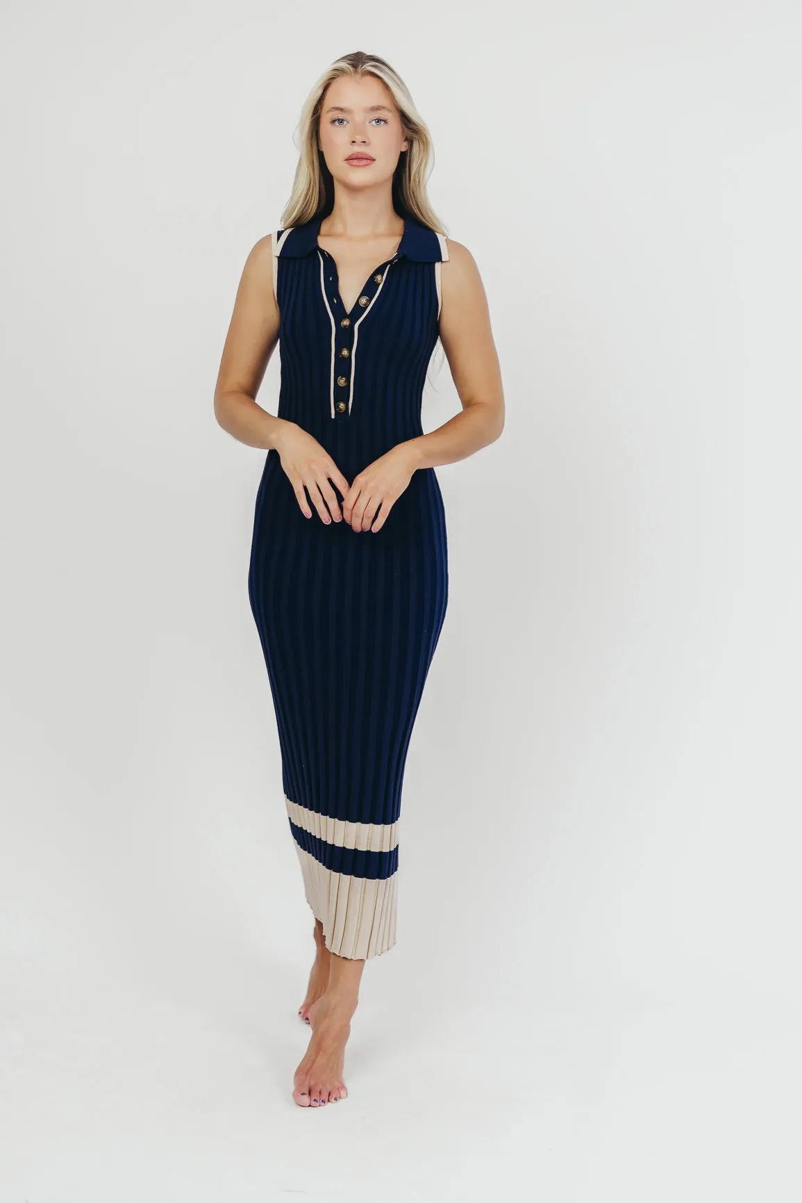Jovie Sleeveless Ribbed Maxi Dress with Buttons in Navy